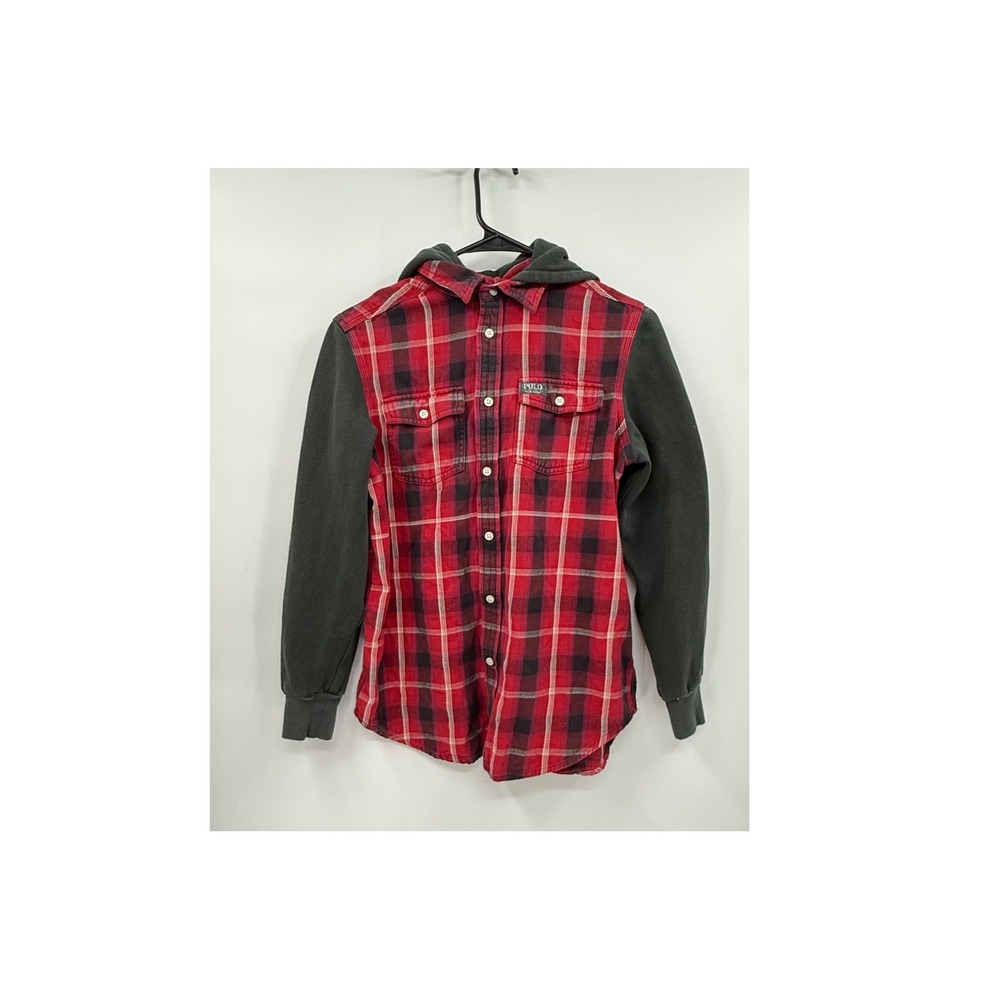 Polo Ralph‎ Lauren Large 14-16 Hoodie Flannel Boys Red Black Plaid Hybrid Shirt